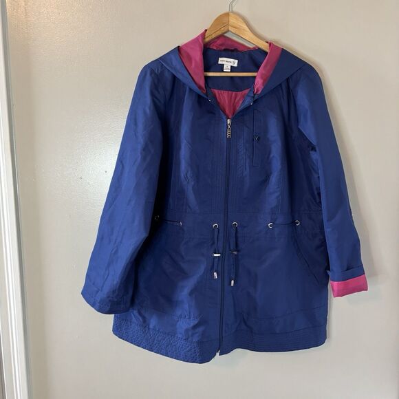 Susan Graver Rain Jacket Blue Pink Hooded Roll Tab Sleeves Windbreaker Sz 1X - Picture 1 of 8